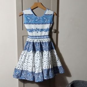MARAT GIRLS BLUE & WHITE FLORAL/PAISLEY OPEN TIE BACK DRESS SZ 6